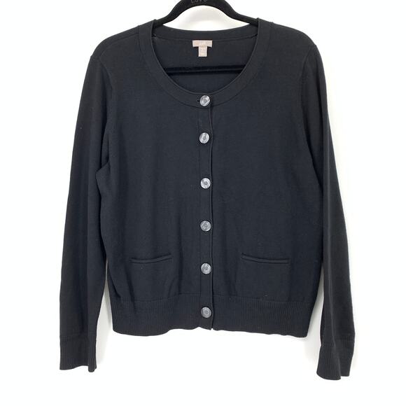 J. Jill Button Front Crew Neck Cardigan Sweater Womens Size PL Black Stretch - Picture 1 of 6